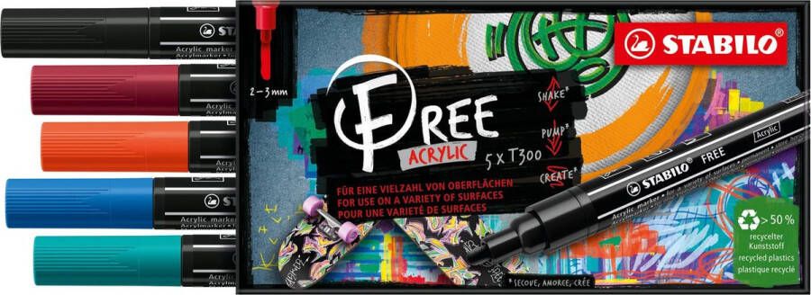 STABILO FREE Acryl Marker T300 Ronde Punt 2-3 mm Set Urban Met 5 Verschillende Kleuren