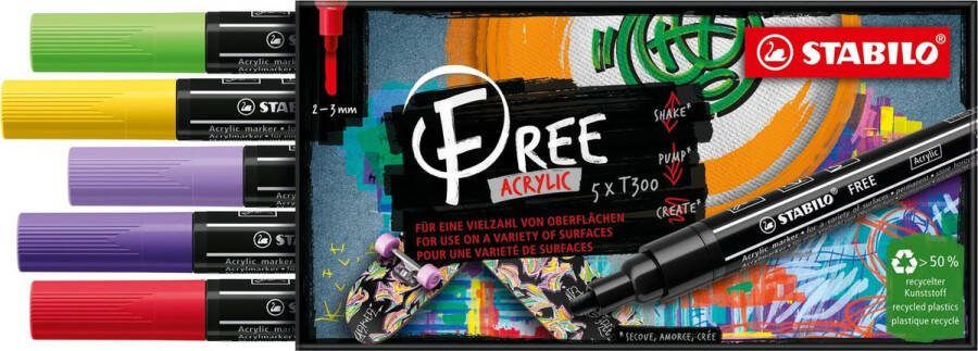 STABILO FREE Acryl Marker T300 Ronde Punt 2-3 mm Set Vibrant Met 5 Verschillende Kleuren
