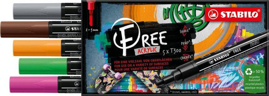 STABILO FREE Acryl Marker T300 Ronde Punt 2-3 mm Set Vintage Etui Met 5 Verschillende Kleuren