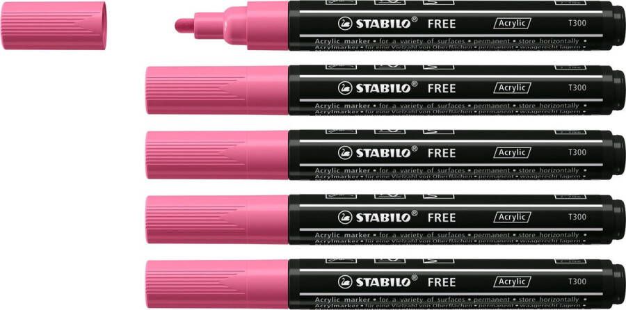 STABILO FREE Acryl Marker T300 Ronde Punt 2-3 mm Taffy Roze Doos 5 stuks