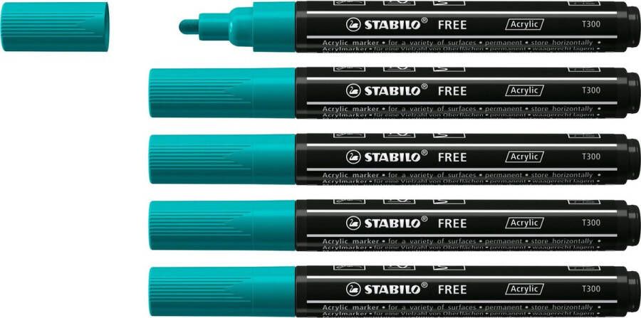 STABILO FREE Acryl Marker T300 Ronde Punt 2-3 mm Turquoise Groen Doos 5 stuks