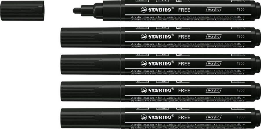 STABILO FREE Acryl Marker T300 Ronde Punt 2-3 mm Zwart Doos 5 stuks