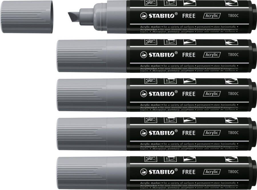 STABILO FREE Acryl Marker T800C Schuine Punt 4-10 mm Donker Grijs Doos 5 stuks