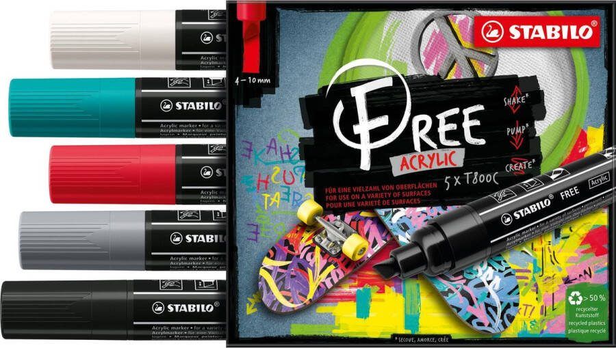 STABILO FREE Acryl Marker T800C Schuine Punt 4-10 mm Set Bold Met 5 Verschillende Kleuren