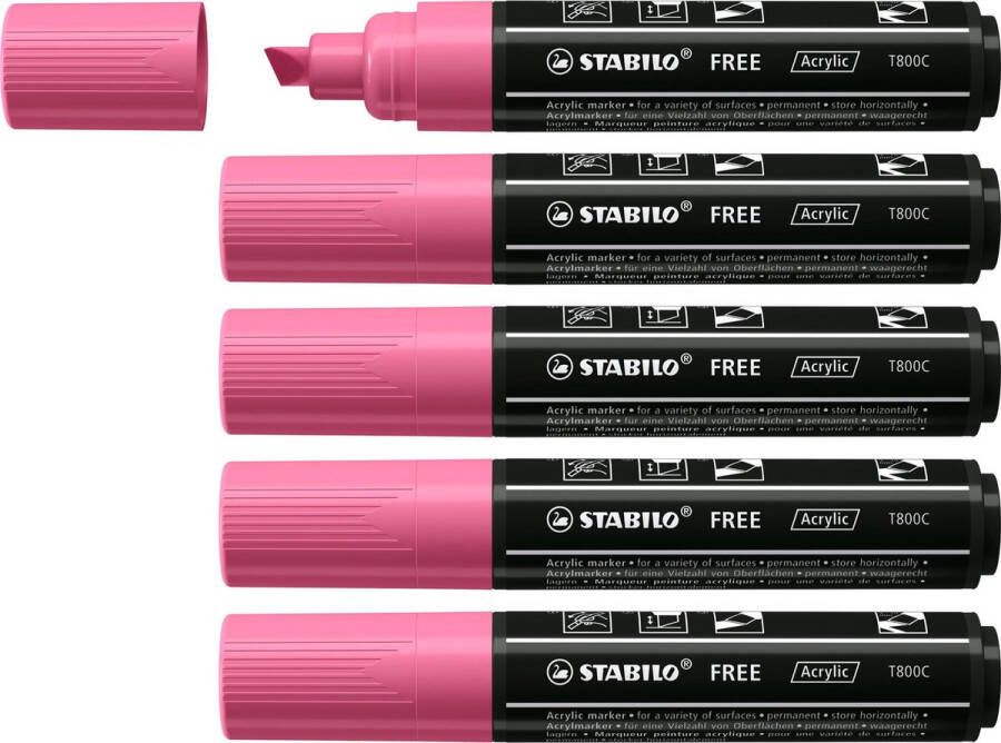 STABILO FREE Acryl Marker T800C Schuine Punt 4-10 mm Taffy Roze Doos 5 stuks