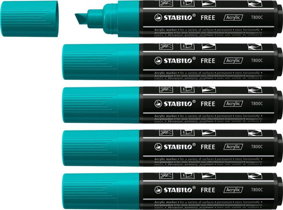 STABILO FREE Acryl Marker T800C Schuine Punt 4-10 mm Turquoise Groen Doos 5 stuks
