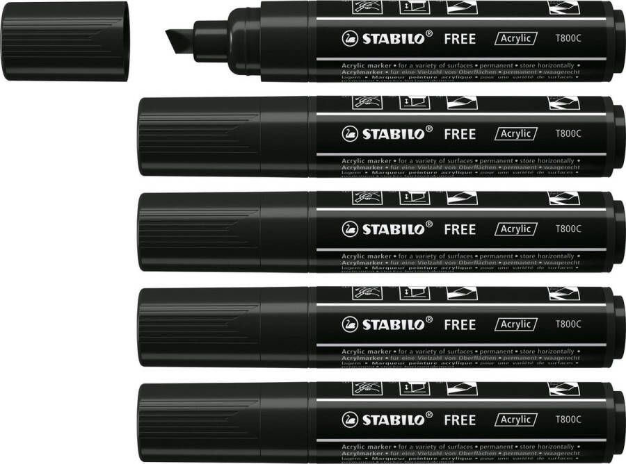 STABILO FREE Acryl Marker T800C Schuine Punt 4-10 mm Zwart Doos 5 stuks