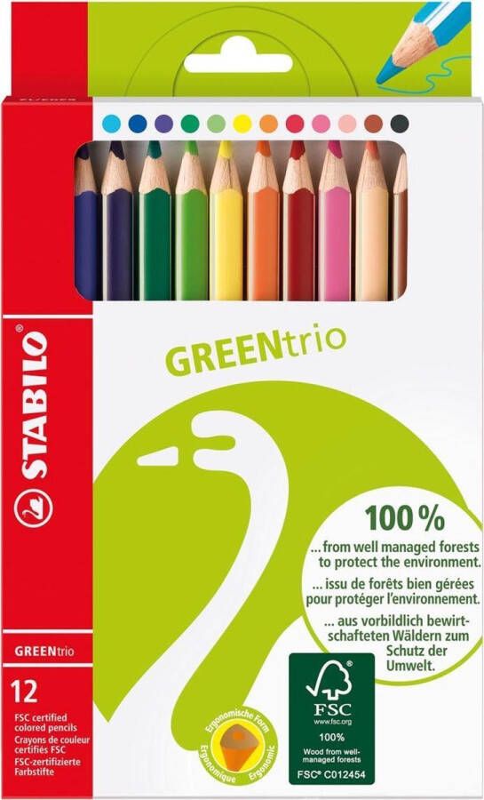 STABILO GREENtrio FSC Gecertificeerd Driekantig Kleurpotlood Met Extra Dikke Kern 4.2 mm Etui Met 12 Kleuren