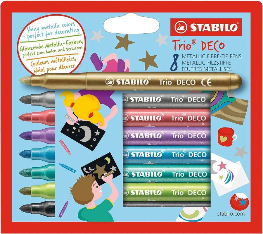 STABILO Metallic viltstift met robuuste XL-punt- Trio DECO 8 stuks met 8 verschillende kleuren