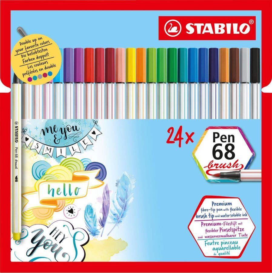 STABILO Pen 68 Brush Premium Brush Viltstift Etui 24 Stuks In 19 Verschillende Kleuren