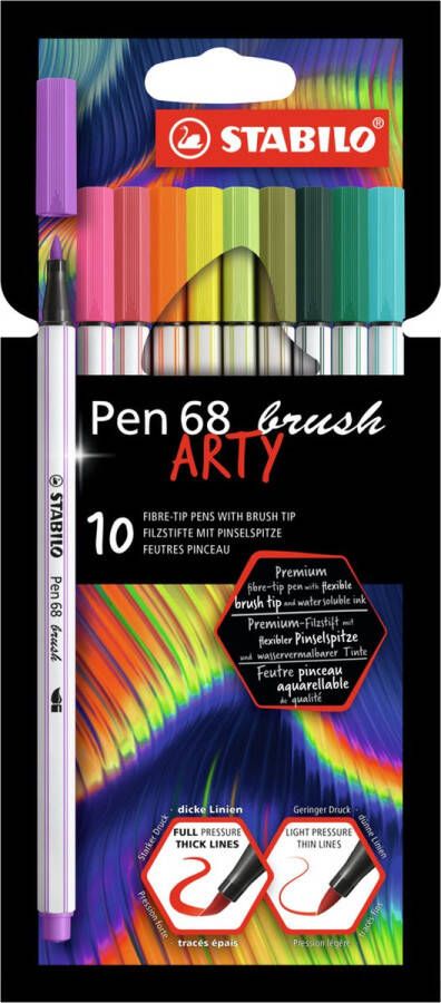 STABILO Pen 68 Brush Premium Brush Viltstift Met Flexibele Penseelpunt ARTY Etui Met 10 Verschillende Kleuren
