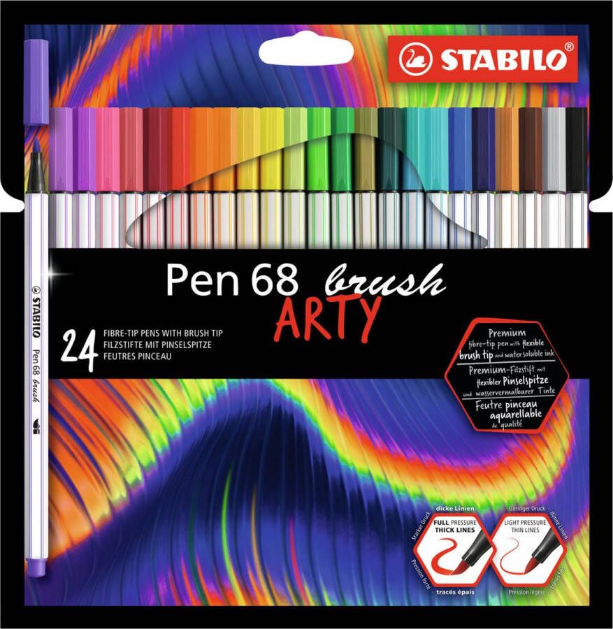 STABILO Pen 68 Brush Premium Brush Viltstift Met Flexibele Penseelpunt ARTY Etui Met 24 Verschillende Kleuren