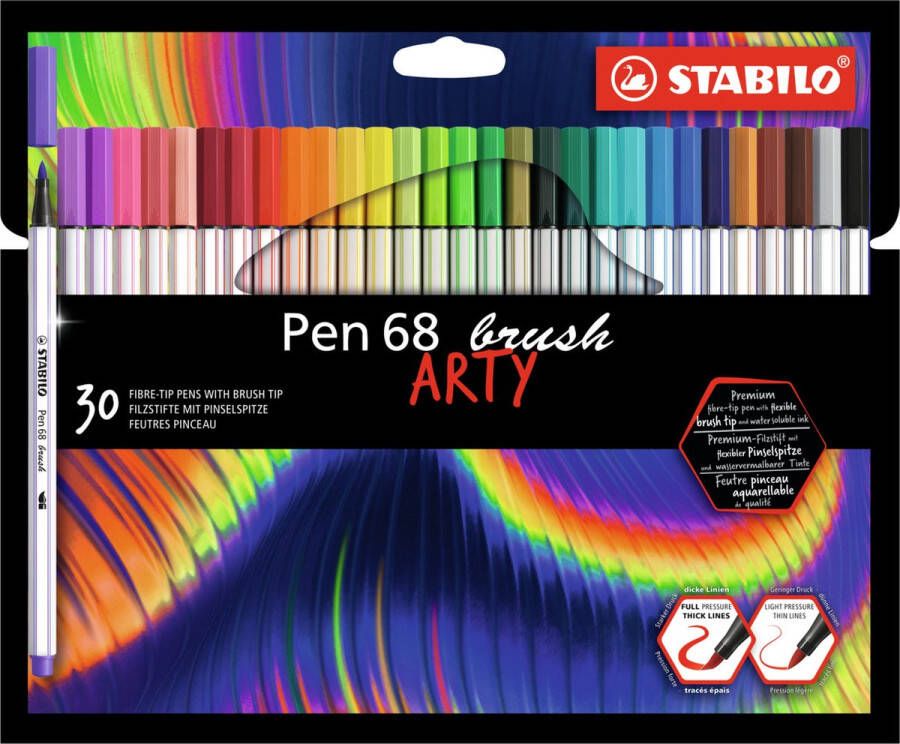 STABILO Pen 68 Brush Premium Brush Viltstift Met Flexibele Penseelpunt ARTY Etui Met 30 Verschillende Kleuren