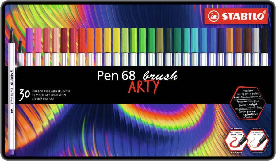 STABILO Pen 68 Brush Premium Brush Viltstift Met Flexibele Penseelpunt ARTY Metalen Etui Met 30 Verschillende Kleuren