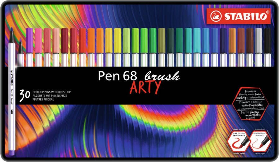 STABILO Pen 68 Brush Premium Brush Viltstift Met Flexibele Penseelpunt ARTY Metalen Etui Met 30 Verschillende Kleuren