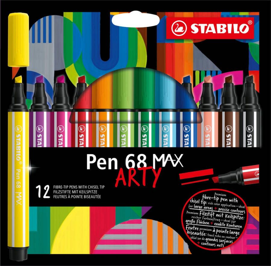 STABILO Pen 68 MAX ARTY – Premium Viltstift Met Dikke Beitelpunt Etui Met 12 Stuks – Met 12 Verschillende Kleuren