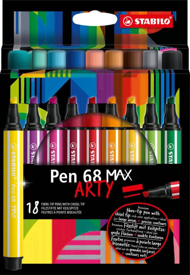 STABILO Pen 68 MAX ARTY – Premium Viltstift Met Dikke Beitelpunt Etui Met 18 Stuks – Met 18 Verschillende Kleuren