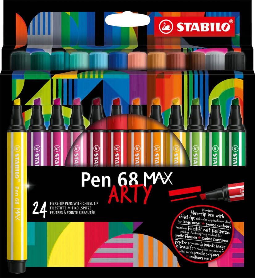 STABILO Pen 68 MAX ARTY – Premium Viltstift Met Dikke Beitelpunt Etui Met 24 Stuks – Met 24 Verschillende Kleuren