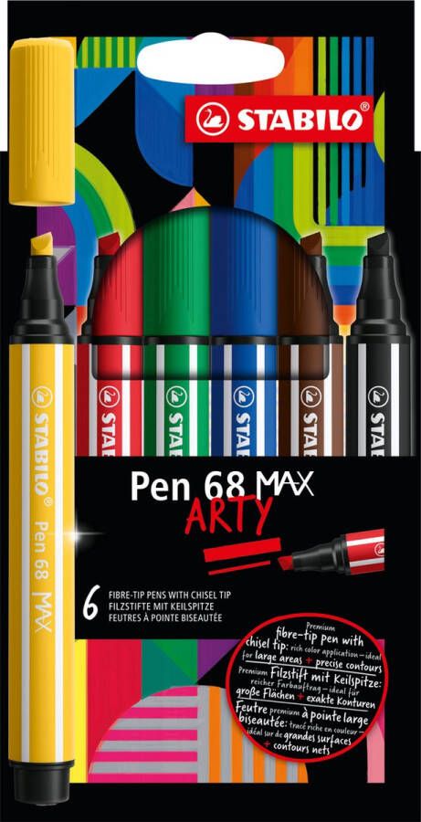 STABILO Pen 68 MAX ARTY – Premium Viltstift Met Dikke Beitelpunt Etui Met 6 Stuks – Met 6 Verschillende Kleuren