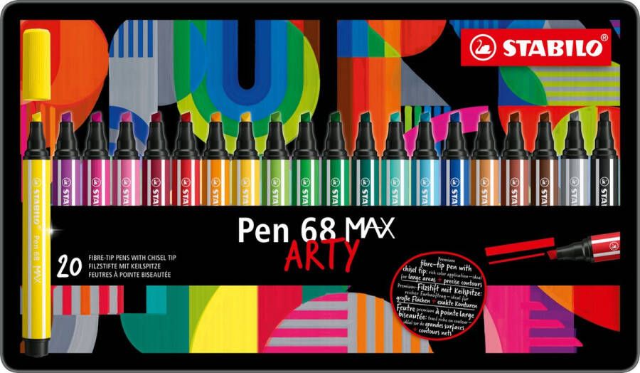 STABILO Pen 68 MAX ARTY – Premium Viltstift Met Dikke Beitelpunt Metalen Etui Met 20 Stuks – Met 20 Verschillende Kleuren