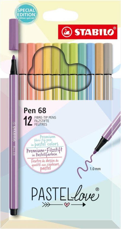 STABILO Pen 68 Medium 12 kleuren Beige Blauw Groen Lichtgroen Oranje Pastel Perzik Violet Geel Glasvezel 1 mm Meerkleurig