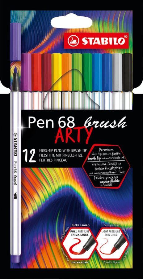 STABILO Pen 68 Premium Brush Viltstift Met Flexibele Penseelpunt ARTY Etui Met 12 Verschillende Kleuren