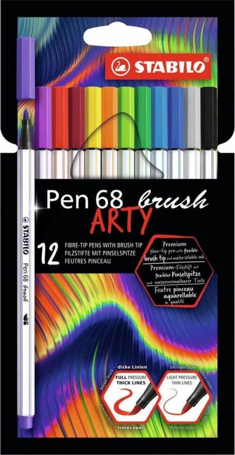 STABILO Pen 68 Premium Brush Viltstift Met Flexibele Penseelpunt ARTY Etui Met 12 Verschillende Kleuren