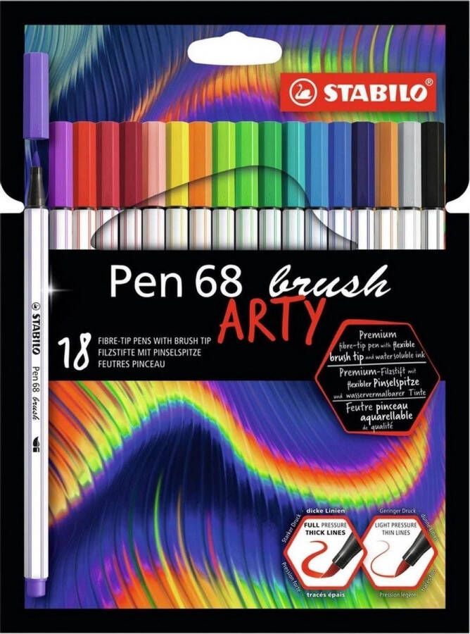 STABILO Pen 68 Premium Brush Viltstift Met Flexibele Penseelpunt ARTY Etui Met 18 Verschillende Kleuren