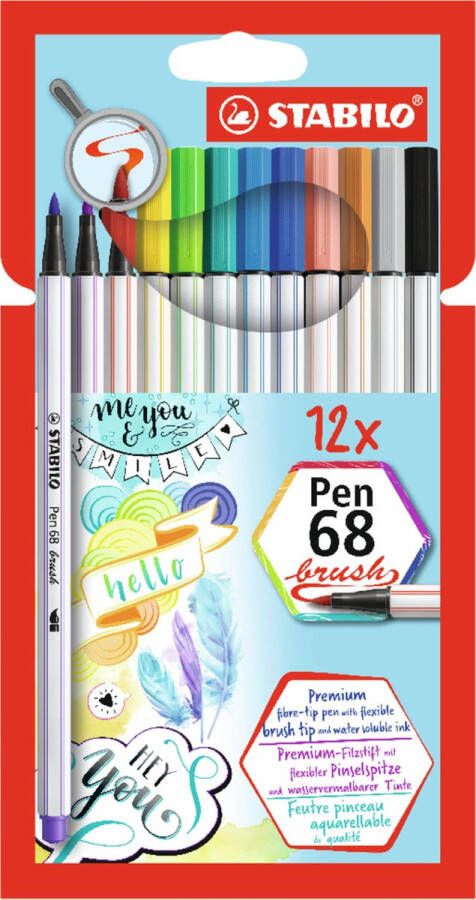 STABILO Pen 68 Premium Brush Viltstift Met Flexibele Penseelpunt Etui Met 12 Verschillende Kleuren