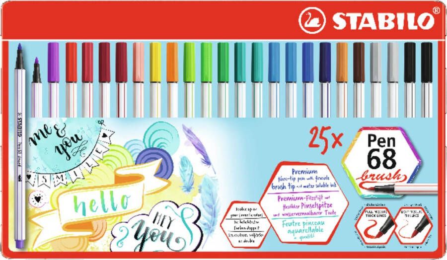 STABILO Pen 68 Premium Brush Viltstift Met Flexibele Penseelpunt Metalen Etui met 25 stuks in 19 Verschillende Kleuren