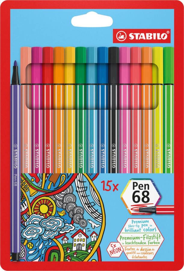 STABILO Premium Viltstift Pen 68 Etui Met 15 Kleuren 10 Standaard + 5 Neon Kleuren