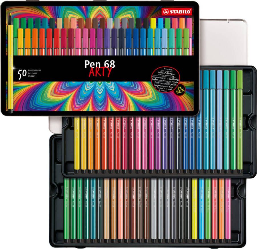 STABILO Pen 68 Premium Viltstift 50 Stuks Metalen Etui Met 46 Verschillende Kleuren