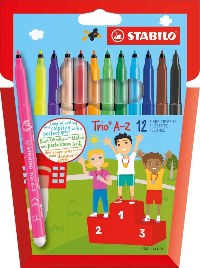 STABILO Trio A-Z Viltstift Met Ergonomische Driekantige Gripzone Etui Met 12 kleuren