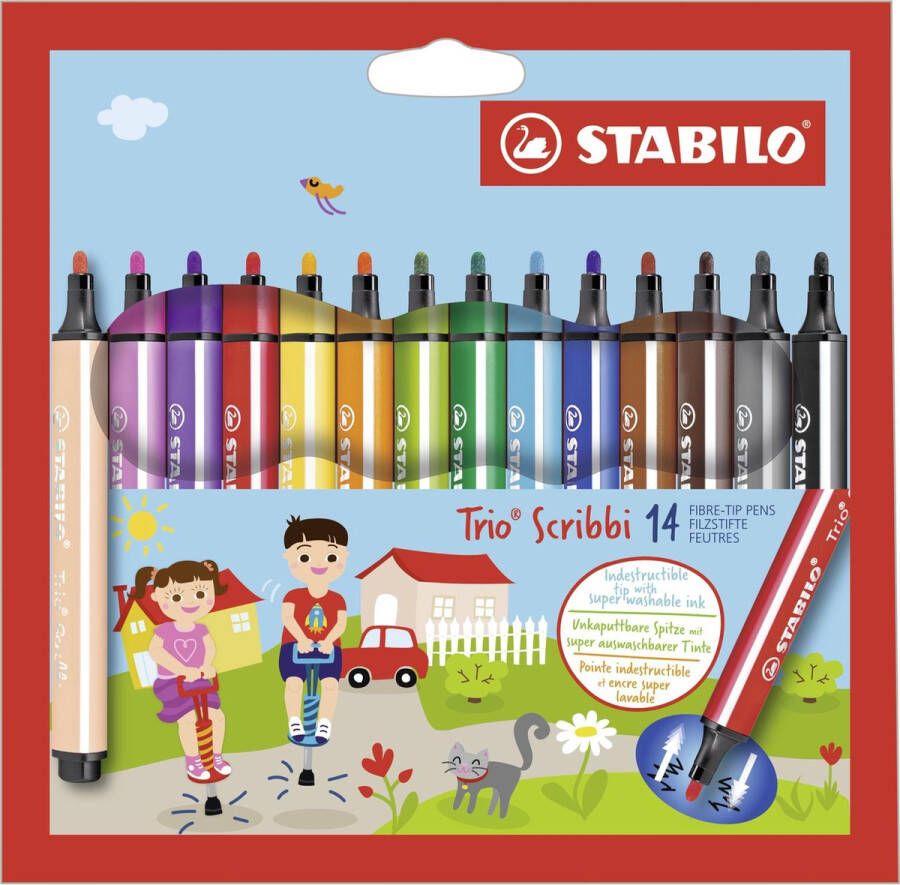 STABILO Trio Scribbi Ergonomische Viltstift Onverwoestbaar Door Meeverende Schrijfpunt Etui met 14 Kleuren