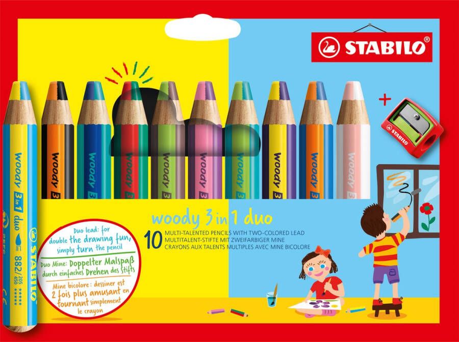 STABILO Woody 3 in 1 Duo Multi Talent Kleurpotlood Etui Met 10 Kleuren + Puntenslijper