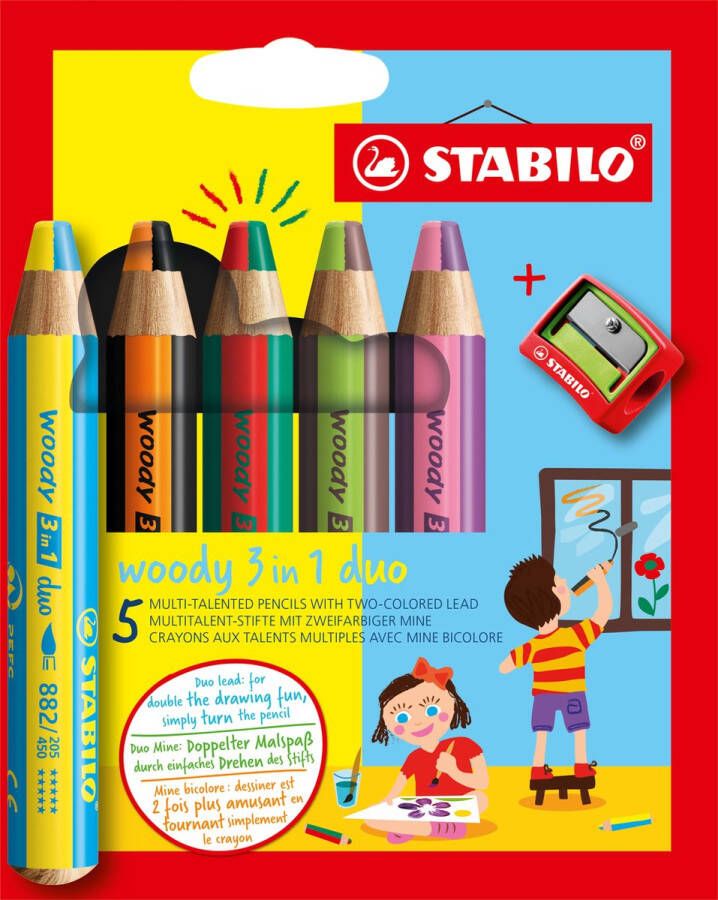 STABILO Woody 3 in 1 Duo Multi Talent Kleurpotlood Etui Met 5 Kleuren + Puntenslijper