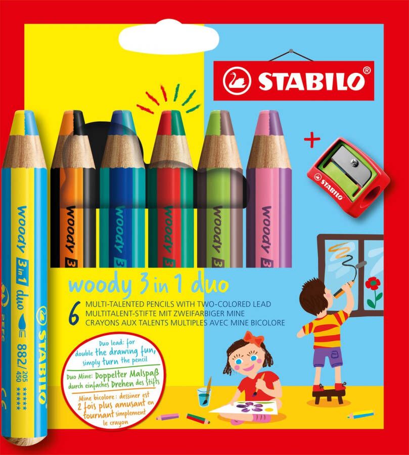 STABILO Woody 3 in 1 Duo Multi Talent Kleurpotlood Etui Met 6 Kleuren + Puntenslijper