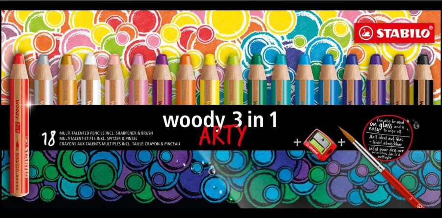 STABILO Woody 3 in 1 Multi Talent Kleurpotlood Etui Met 18 Kleuren + puntenslijper + penseel