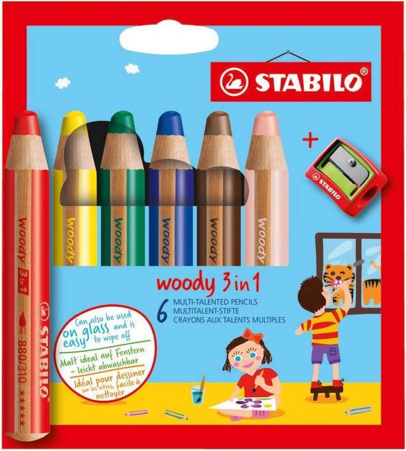 STABILO Woody 3 in 1 Multi Talent Kleurpotlood Etui Met 6 Kleuren + puntenslijper