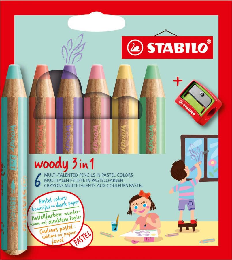 STABILO Woody 3 in 1 Multitalent Kleurpotlood Etui Met 6 Pastel Kleuren Incl. Puntenslijper