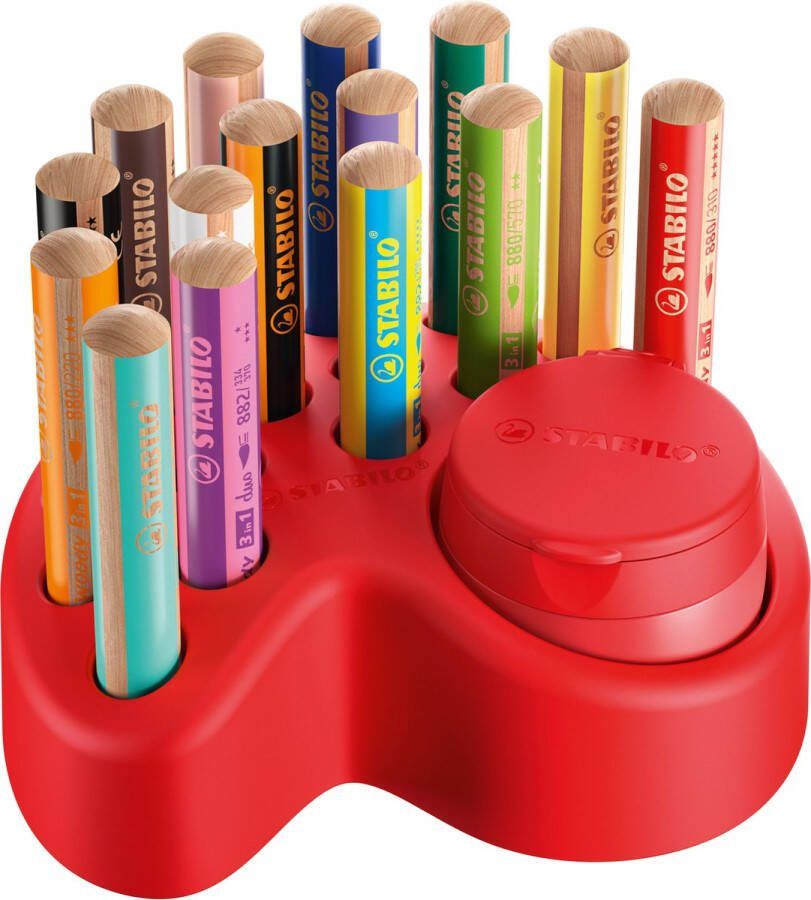 STABILO woody 3 in 1 Premium Deskset 15 Stuks 10x woody 3 in 1 2x woody 3 in 1 Pastel 3x woody 3 in 1 duo 1x Containerpuntenslijper 1x Deskset