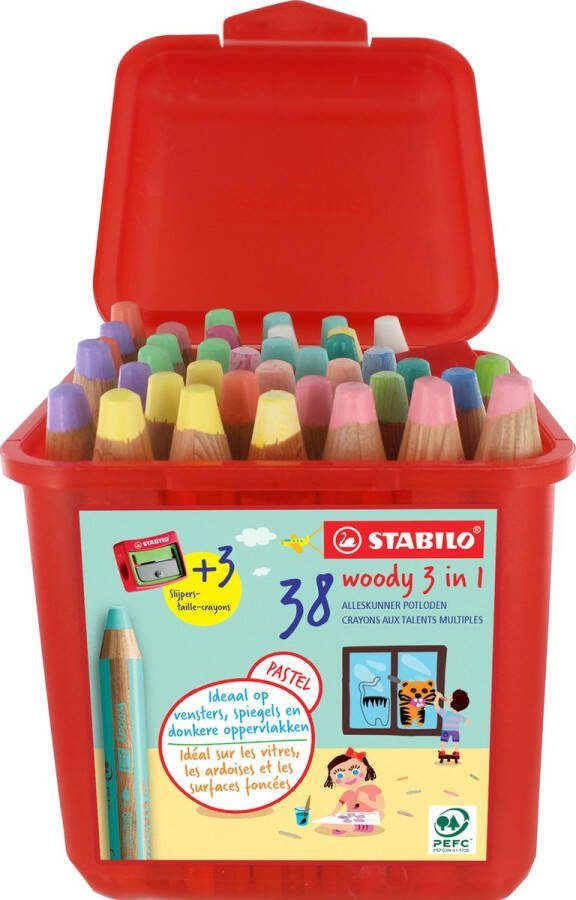 STABILO woody 3in1 Pastel kleurpotloden herbruikbaar doos met 38 stuks en 2 maxi potloodslijpers