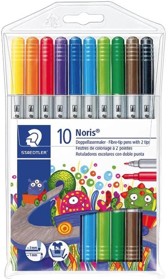 STAEDTLER Viltstift Noris 320 lijndikte 1-3 mm opdrukvaste dubbele punt dop met luchtkanaal geassorteerde kleuren 10 st. 5 pakjes van 10 stuks