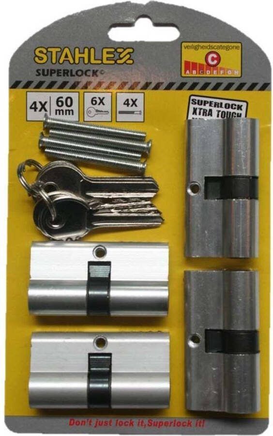 Stahlex Euro Profielcilinder 4 x gelijksluitende cylinders 60 mm inclusief 6 sleutels en 4 schroeven. Cilindersloten 4 Stuks Gelijksluitend