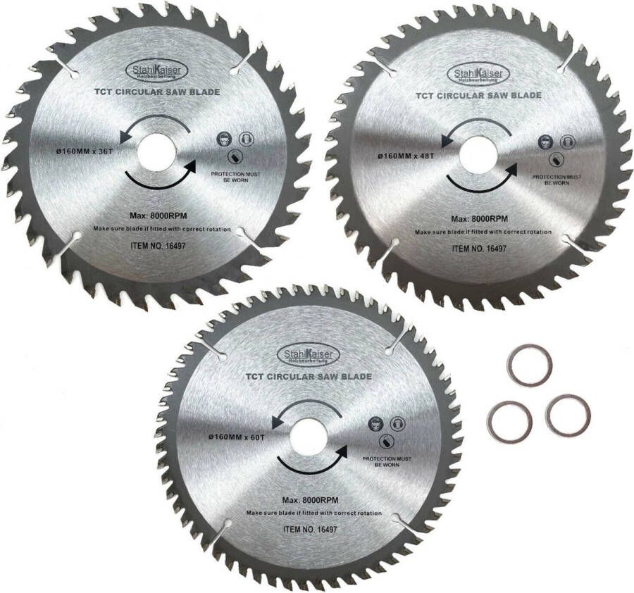 StahlKaiser Zaagbladen Cirkelzaag Set Ø 160 mm 36 48 en 60 Tanden Inclusief Verloopring