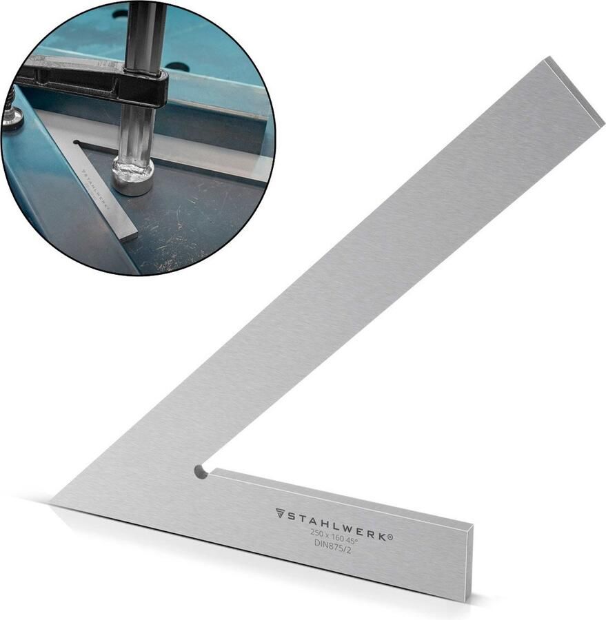 Stahlwerk Winkelhaak 45° 250 x 160 mm DIN 875 2 controlevierkant fittervierkant aanslagvierkant acuut vierkant precisievierkant van roestvrij staal