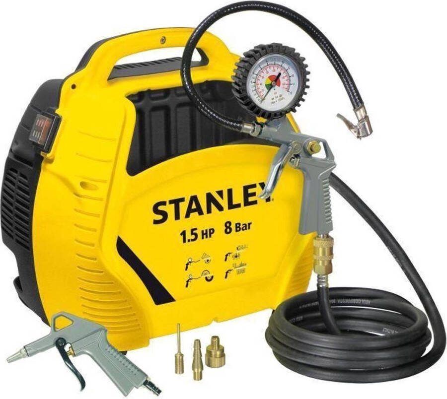 STANLEY Compressor 8Bar Luchtcompressor Olievrij met Luchtgereedschap Compressoren Set Incl. Luchtslang 3M Luchtpistool met Drukmeter en 3 Mondstukken Geel
