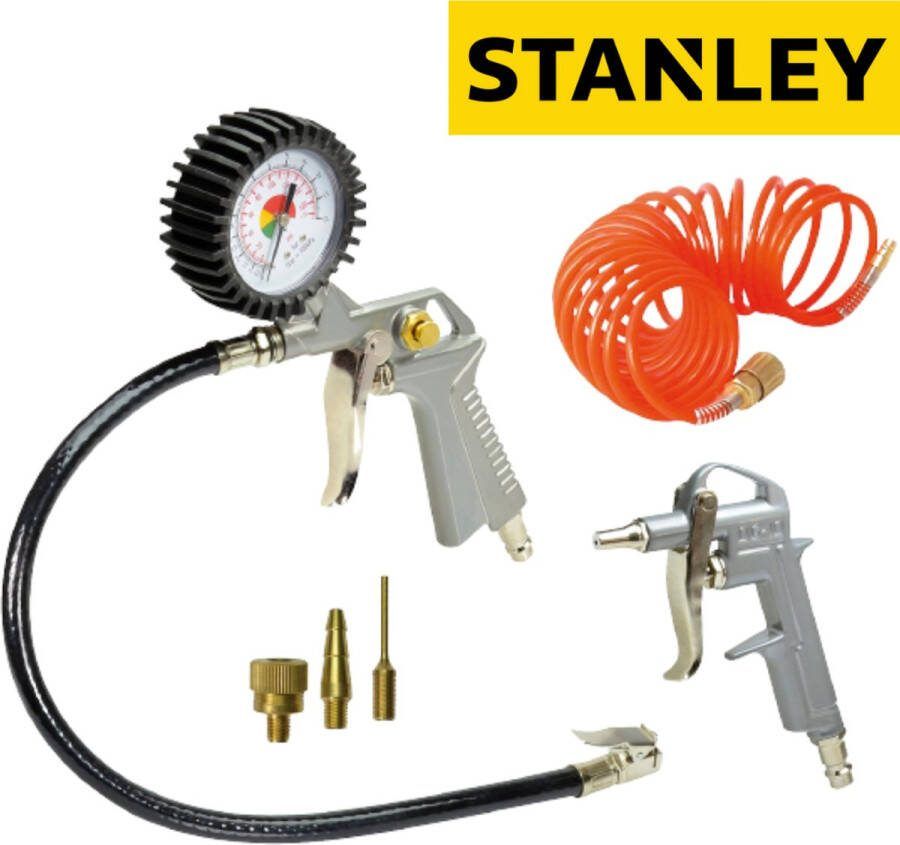 Stanley Pneumatische Gereedschap Set 9045717STN Incl. Luchtpistool Opzetstukjes Bandenpomp en Spiraalslang 5M