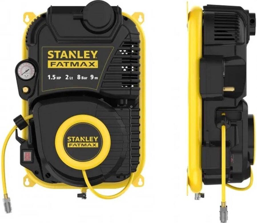 Stanley fatmax Compressor olievrije luchtcompressor met zelfoprollende kabelhaspel muurbevestiging 1.5 pk 8 bar tankinhoud 2 L