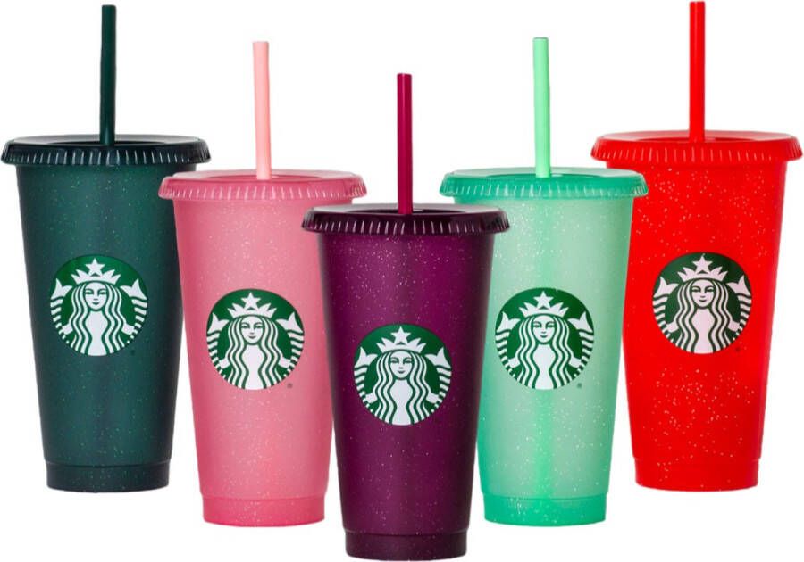 Starbucks Beker 5x Drinkbeker Holiday Cups Met Rietje en Deksel Glitter Cup Color Tumbler Herbruikbaar- ijskoffie beker Milkshake beker Limited Edition